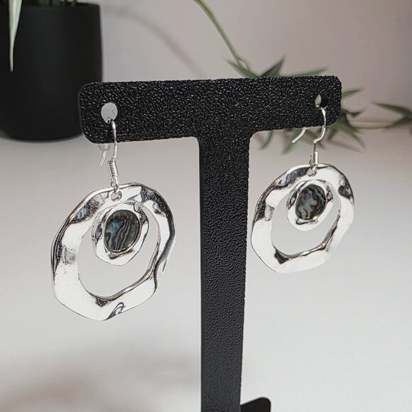 Silver Hammered Hoop Earrings with Abalone Shell Accent - Picture 1 of 4